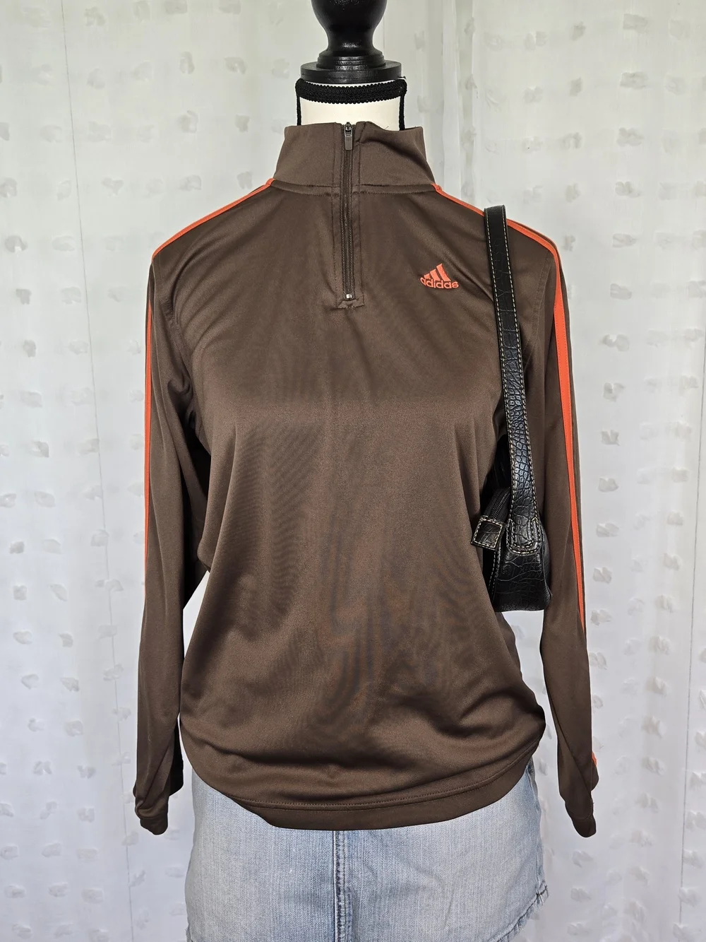 Adidas Boys Brown Quarter-Zip Track Jacket with Orange Stripes
